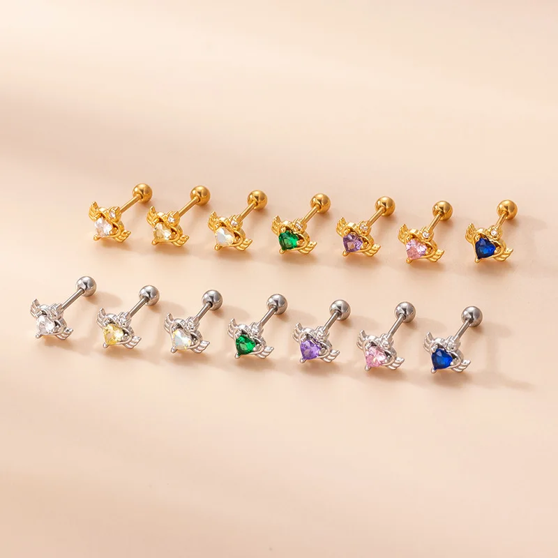 

1Pc Vintage Heart Wing Crystal Stainless Steel Earrings for Women Teens Girls Ear Cuff Piercing Stud Earring Korean Fashion