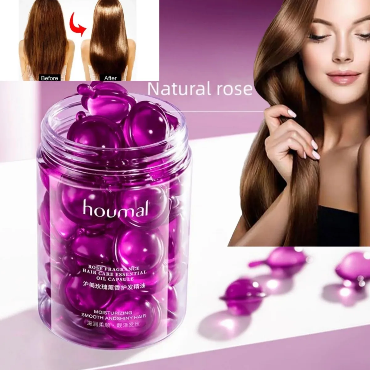 

30PCS\1 bottle Rose Essential Oil Capsule Supple Dry Hair Keratin Plant Complex Oil Damaged Hair Repair Female Hair Care Product