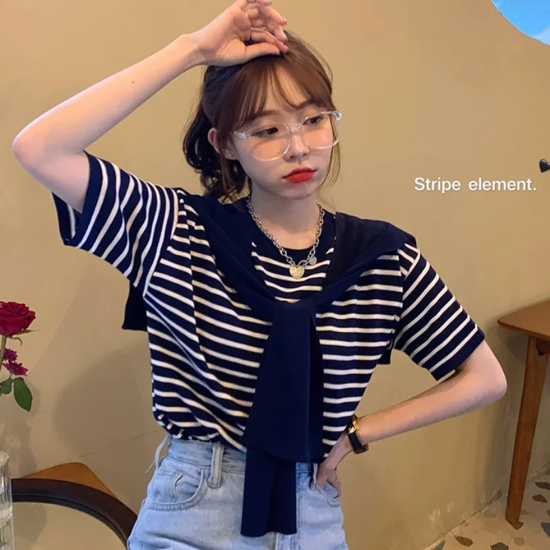 

Summer 2022 New Loose Design Striped Short-Sleeved Sweater Fake Two-Piece Shawl Thin Top Dressy 2K Sexy Dress