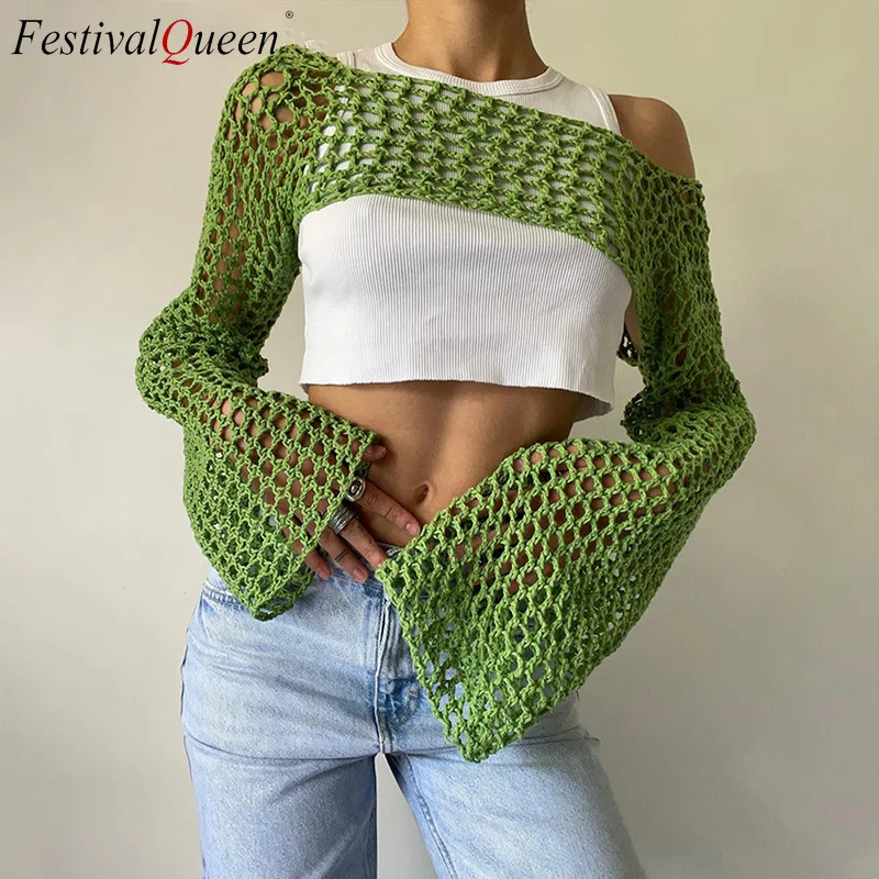 

2023 Spring Autumn Green Long Sleeve Smock Knitted Crop Top Women Y2k Beach Sexy Backless Hollow Out T Shirts Party Casual
