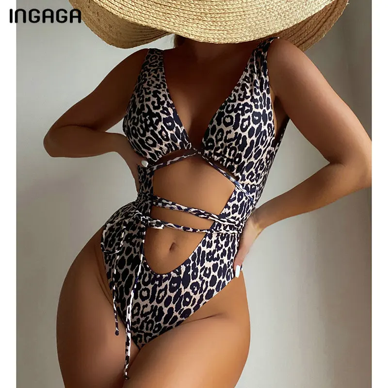 

INGAGA Leopard Women's Swimsuits One Piece Plunging Swimwear Cut Out Monokini Backless Bathing Suits Cross Belt Bathers High Cut