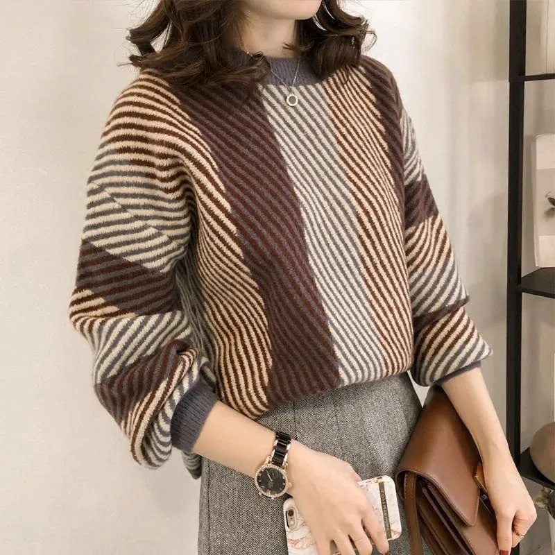 

Fashion Striped Knitted Sweater Women Spring Autumn Loose O-Neck Pullovers Korean Fashion Student Chic Sweater Warm Streetwear
