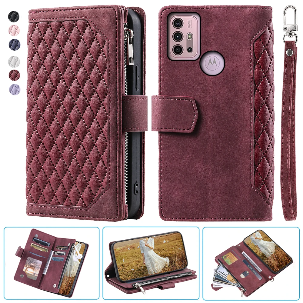 

For MOTO G10 Fashion Small Fragrance Zipper Wallet Leather Case Flip Cover Multi Card Slots Cover Folio with Wrist Strap