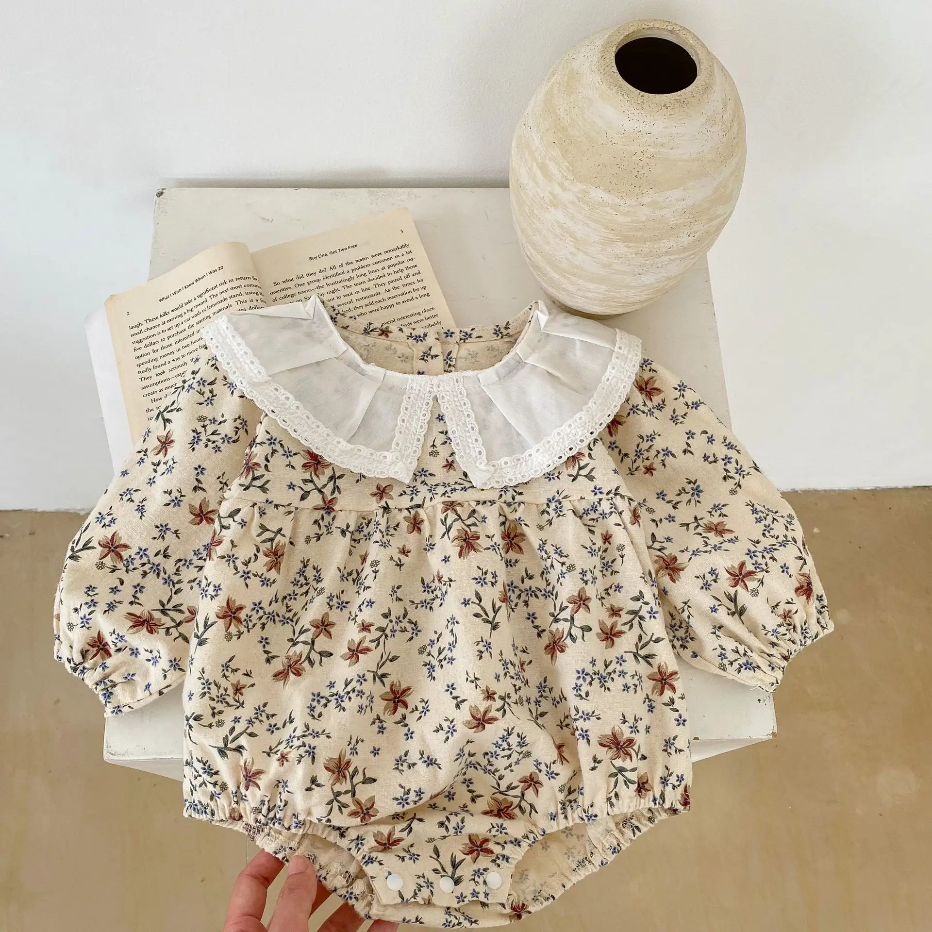 

Spring Summer Infant Baby Girls Romper Floral Print Full Sleeve Peter Pan Collar