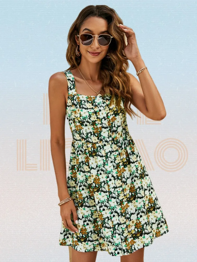 Floral Print Slash Neck Single Breasted Flared Hem Cami Dress Summer Women Button Front Backless Casual A-line Tank Dress Robe