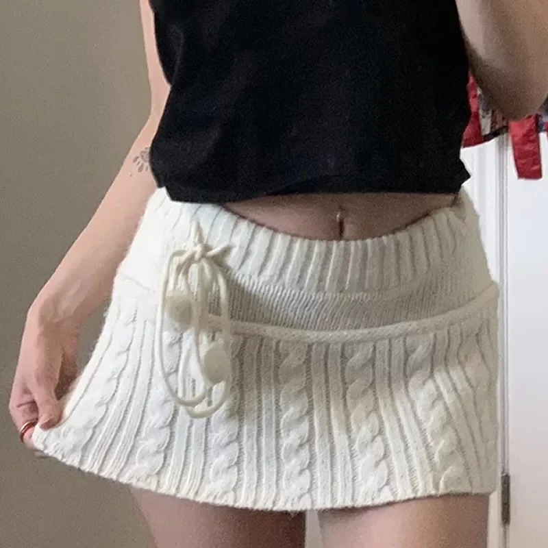 

New2022 Skirts y2k Knitted Mini Skirts Lace Up Fur Cute Sweet Pencil Skirts Twist Skinny Low Waisted Short Women Skirts Autumn