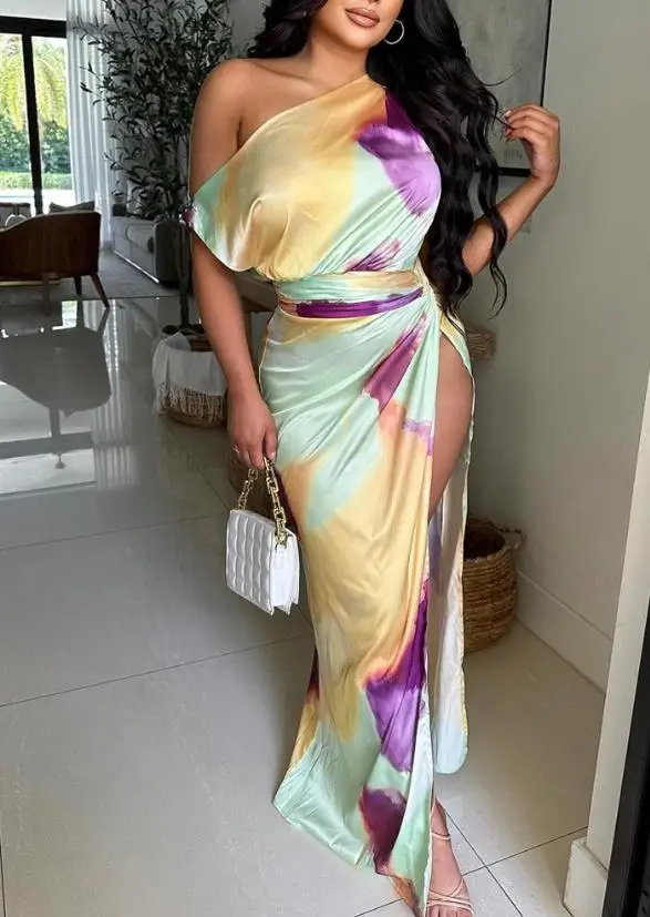 

Tie Dye Skew Neck Dresses for Woman Summer 2023 New Sexy High Slit Sleeveless Maxi Dress Daily Vacation Style Female Long Skirts