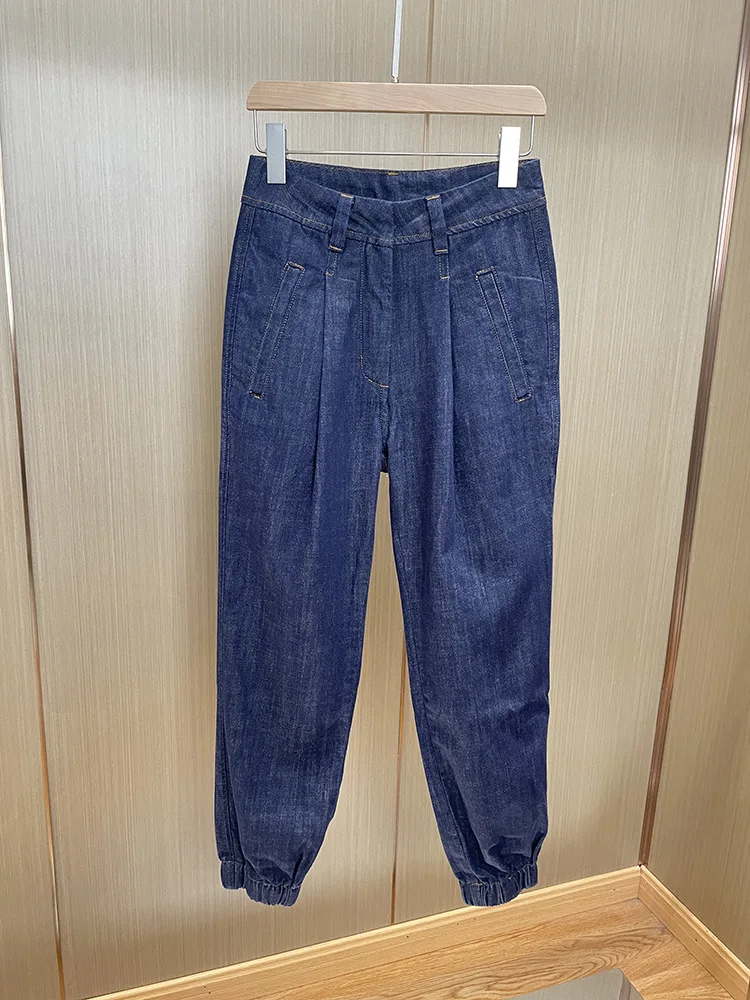 

Women Jeans Bead Chain High Waist Slim Elastic Straight Casual Trousers