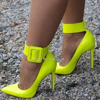 light color patent leather pumps neon yellow pointy toe women ankle buckle strap high heels buckle stilettos heels sexy pumps