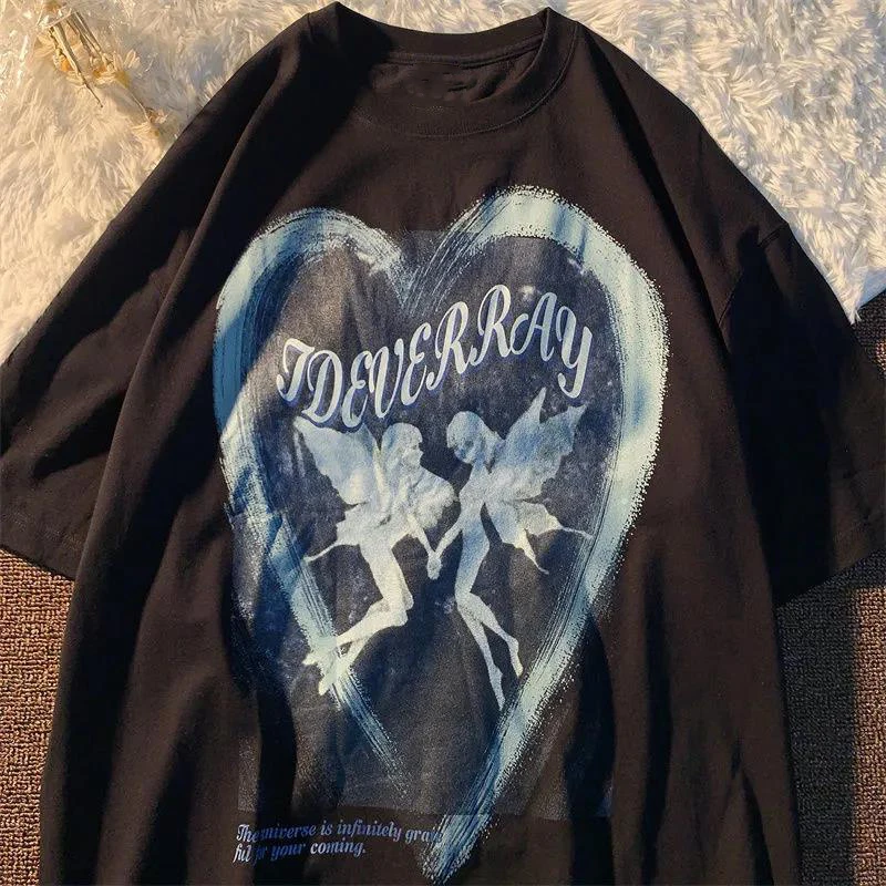

Sunny y.j. 2021 New Butterfly Fairy Print T-shirt Punk Goth Hip Hop Grunge Rock Tee Y2k Round Neck Casual Summer Tops Streetwear