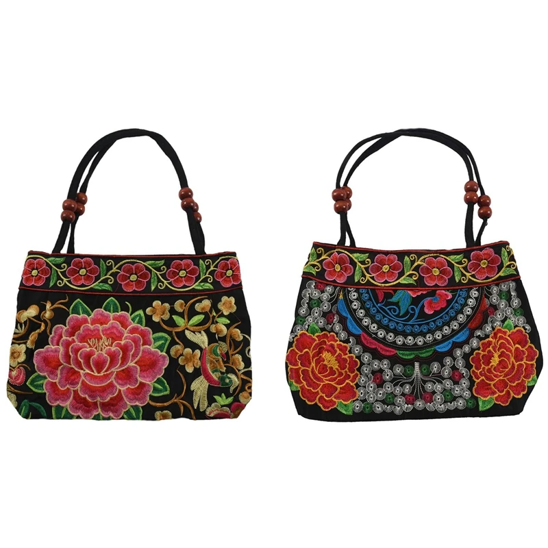 

2Pcs Chinese Style Women Handbag Embroidery Ethnic Summer Fashion Handmade Flowers Ladies Tote Shoulder Bags Cross Body ,Red-Dou