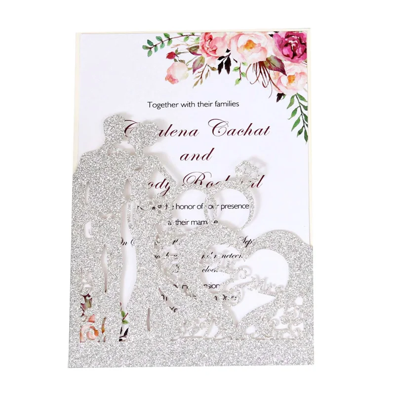 

10/20/50pcs Wedding Invitations Card Glitter Paper Laser Cut Bride & Groom Heart Wedding Greeting Cards Mariage Party Supplies