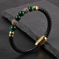 gothic rock mens genuine leather bracelet with stone brass micro ziron natural wristband gemstone bangle designer women jewelry