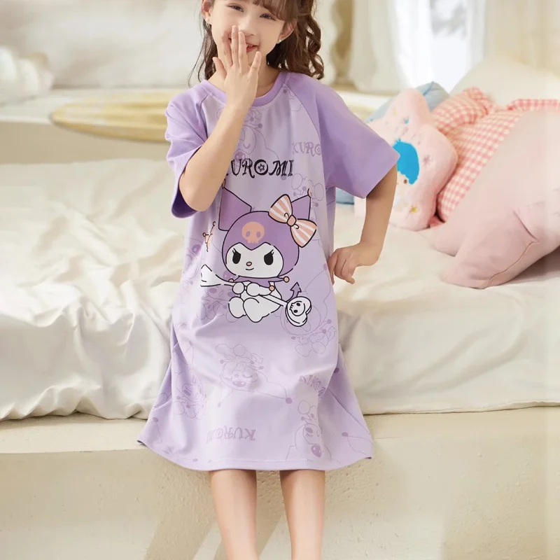 

Sanrio Kuromi Hello Kitty Children's Nightdress Anime Cinnamoroll Kawaii Cartoon Cotton Sleepwear Girls Nightgown Pajamas Summer