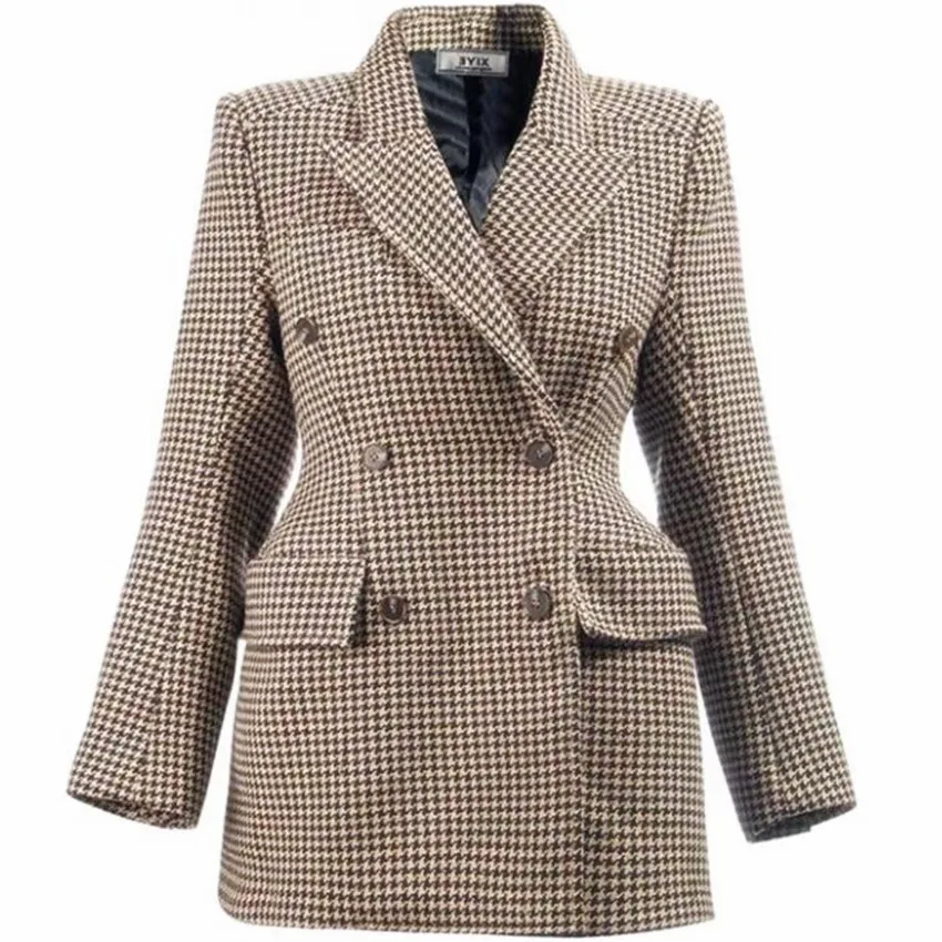 Women Winter Retro Plaid Woolen Blazer Straight Fashion Double-breasted Wool Blends Outwear