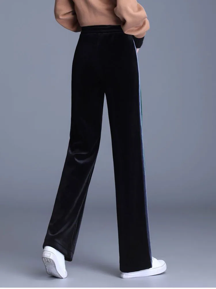 Женские утепленные мешковатые прямые брюки зимние теплые полосатые бархатные