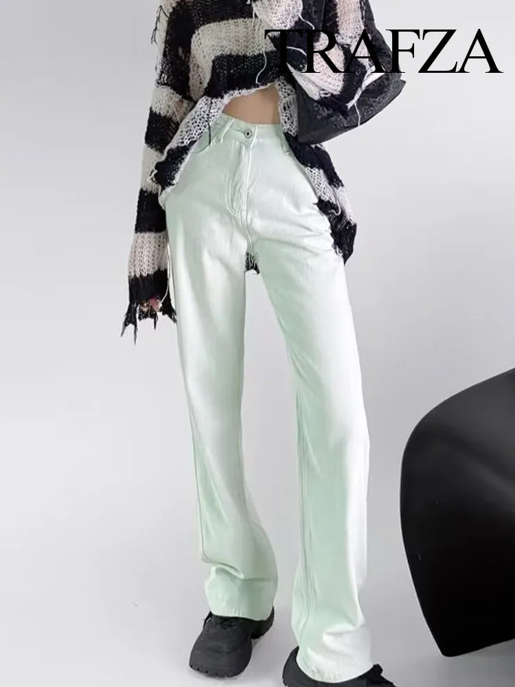 

TRAFZA Fashion Elegant Women Street Wide Leg Pants Female Solid Color High Waist Casual Zipper Button Decorate Long Denim Pants