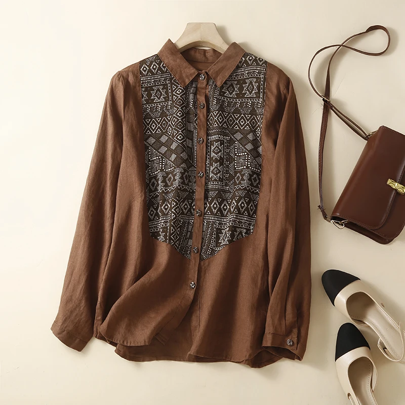

2023 New Cotton Linen Women Shirts Designer Literary Vintage Patchwork Office Lady Blouses Niche Casual Loose Blusas Tops