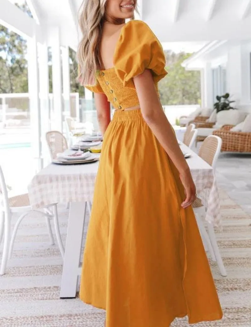 

Dress Set Spring/Summer New Solid Color Lantern Sleeve Square Neck Pullover Button Folds Top Elastic Waist Split Skirt 2 Piece