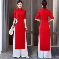 2022 traditional aodai dresspants set flower embroidery dress women vietnam aodai chiffon qipao dress elegant party dress qipao