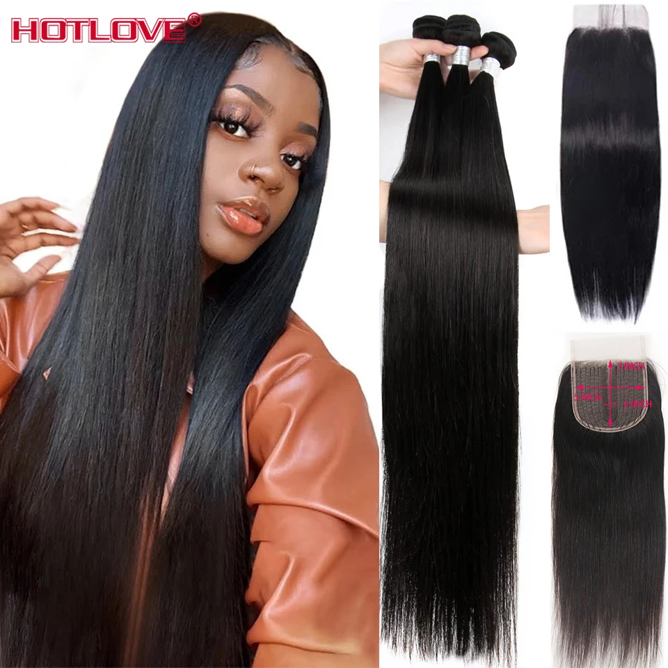 36 38 40 Inches Straight Hair Bundles With Closure Human Hair Bundles With Closure Pre Plucked Indian Remy Long Hair Extensions