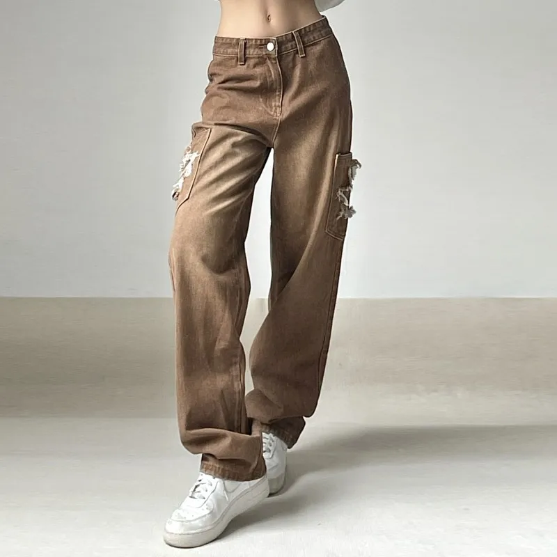 

American Street Beggars with Holes In The Wind, Low Waist Straight Jeans, Hot Girl Pocket Patch Trend Casual Pants