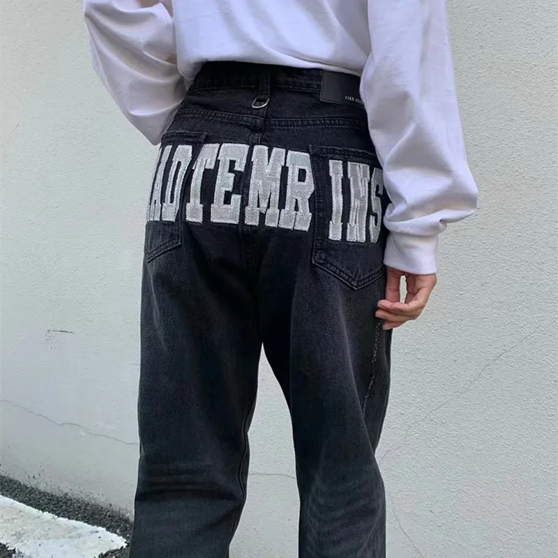 2022 Dark Streetwear Letter Embroidery Black Vintage Men Baggy Jeans Pants Hip Hop Straight Y2K Denim Trousers Pantalones Hombre