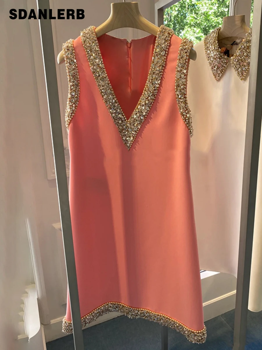 

2022 Summer New Fashion V-neck Heavy Industry Beads Design Sense Niche Sleeveless Dress Women's Elegant Mid-Length Dress