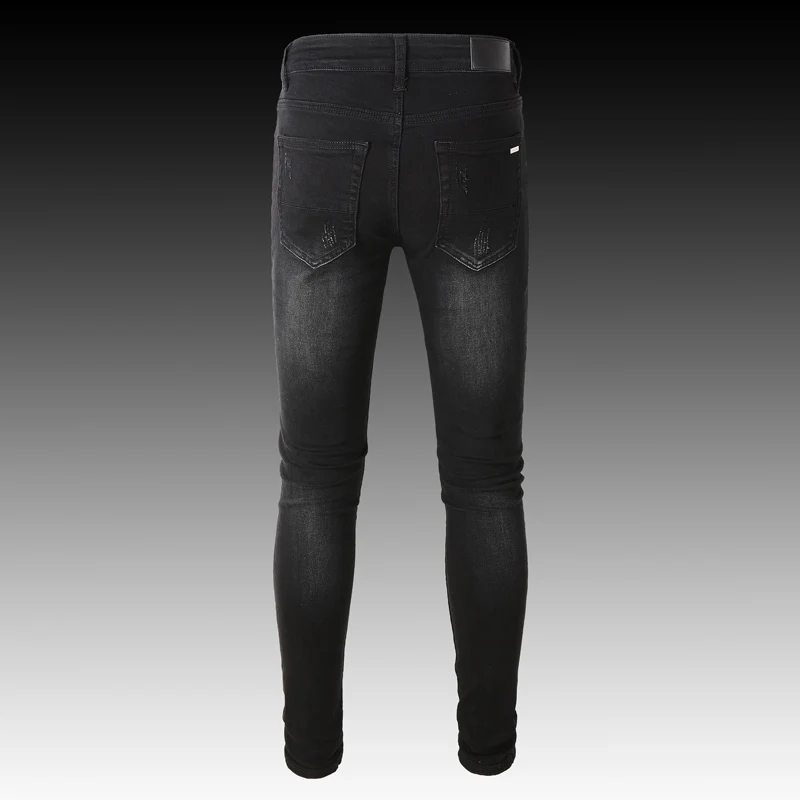 Streetwear Fashion Men Jeans Black Color Elastic Slim Fit Ripped Jeans Men Printed Designer Brand Hip Hop Punk Pants Hombre