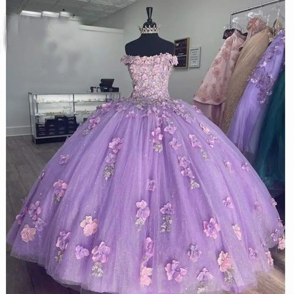 ANGELSBRIDEP Glitter Lilac Ball Gowns Quinceanera Dresses 3D Appliques Flowers Sweet 15 16 Birthday Pageant Customized