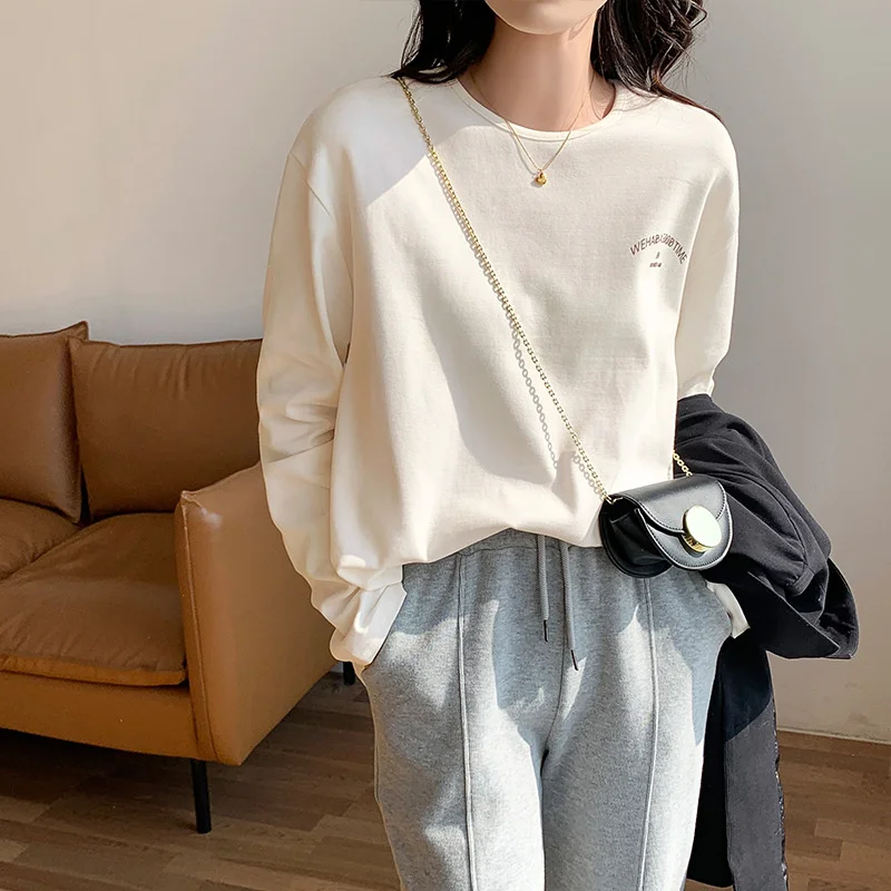 

Хлопковая нижняя рубашка Женская свободная Корейская версия весна-осень новая круглая белая футболка женский внутренний топ с запахом