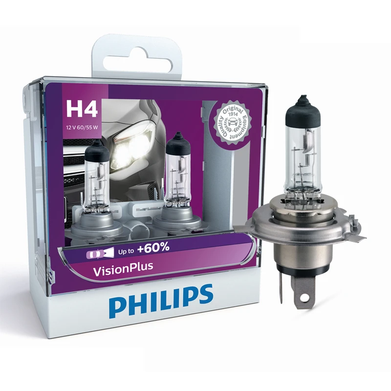 Philips H4 12 В Галогенная Автомобильная Лампа Для Фар P43t VisionPlus 3250K Увеличенная Яркость