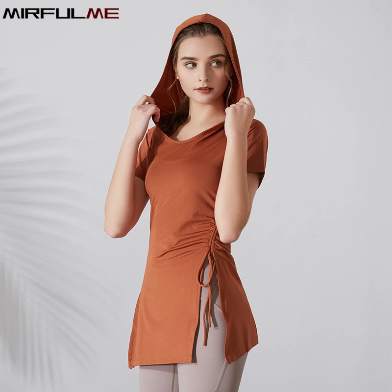 Summer Women Sport Hoodies Yoga Shirts Short Sleeves T-Shirt Bandage Running Hooded Top Quick Dry Gym Fitness Tops Blouse Female