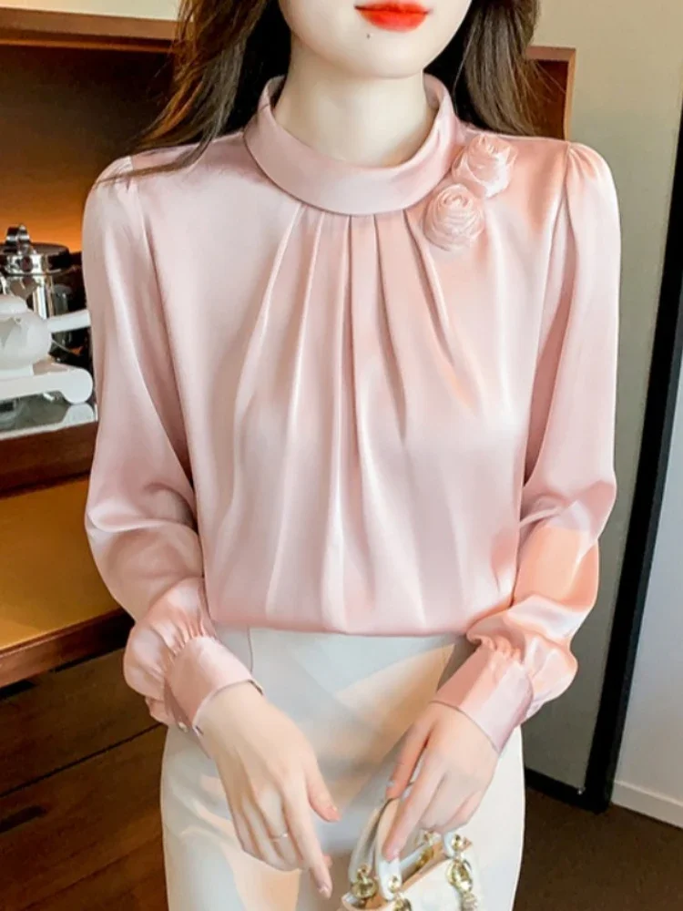 Элегантная атласная шифоновая рубашка осенняя Новинка 3D розовый топ с