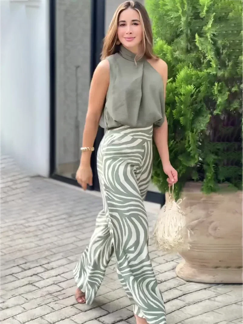 Модная майка без рукавов с зебровым принтом широкие брюки для женщин комплект из