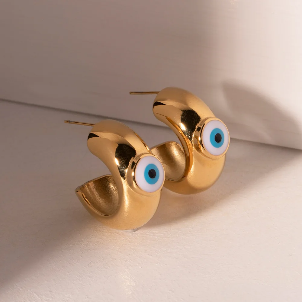 

Minar Vintage Non Tarnish 18K Gold PVD Plated Titanium Steel Metallic C Shaped Evil Eyes Chunky Stud Earrings for Women Jewelry