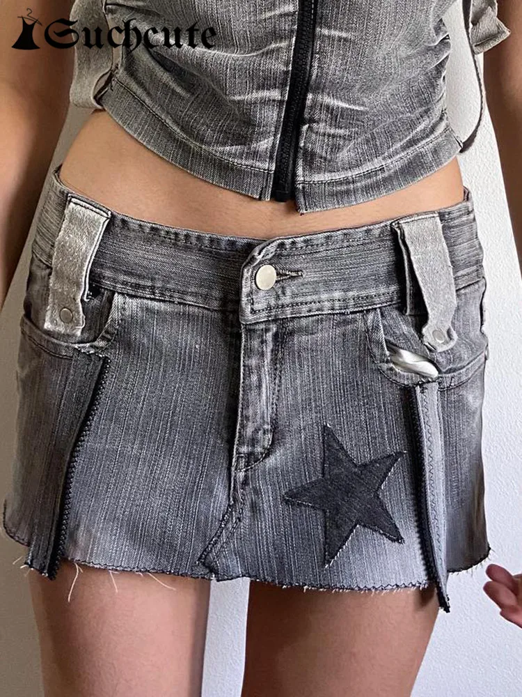 

SUCHCUTE y2k Star Print Cargo Denim Skirts Grunge Streetwear Tie Up Mini Skirts Women Fairycore Low Waist Pocke Skinny Clothes