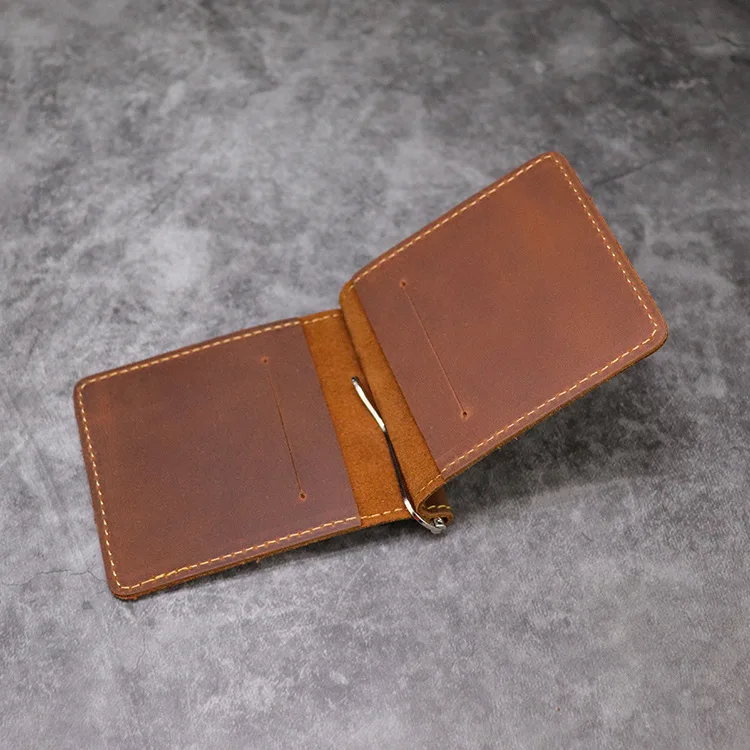 Фото Handmade Genuine Leather Money Clip Wallet for Men Male Crazy Horse Cowhide Short Bifold Slim Money Clip №4