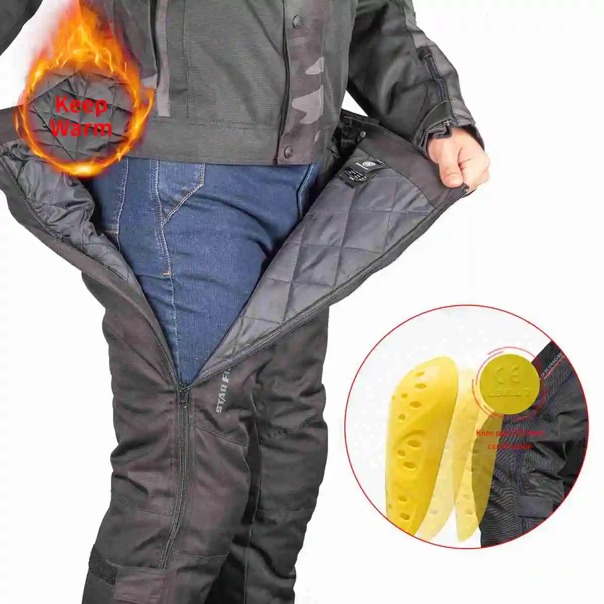 

Мужские мотоциклетные брюки, быстросъемные зимние брызгозащищенные армированные теплые хлопковые подкладки, черная Лыжная одежда, аксесс...