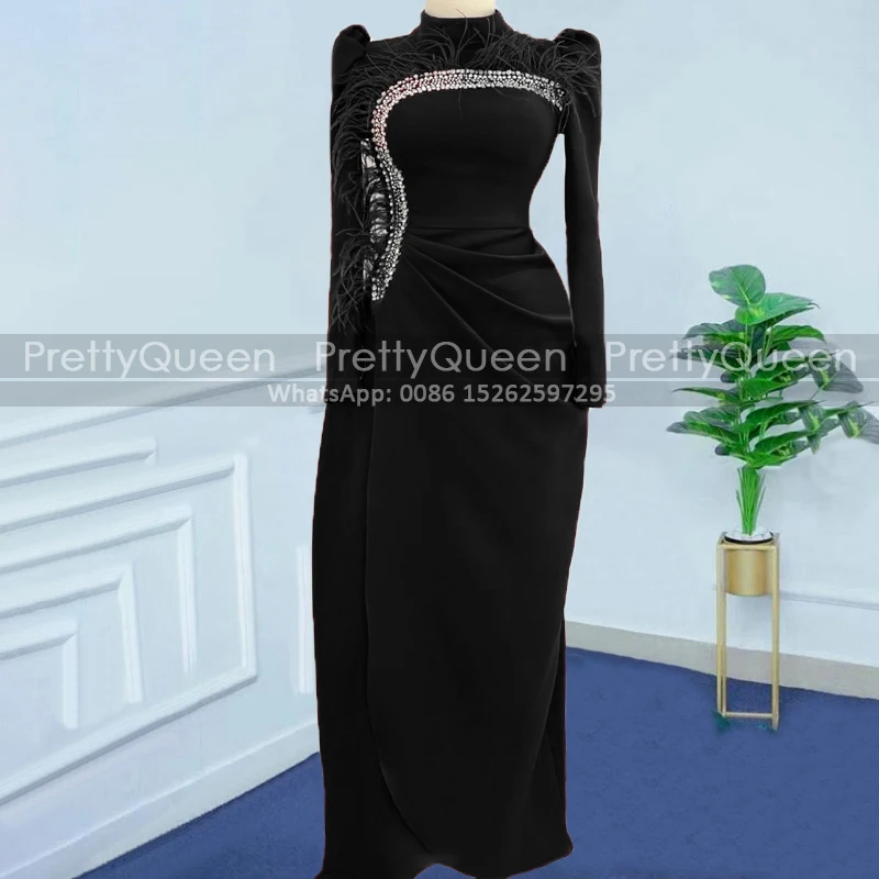 

Luxury Beads Feather Evening Dresses With Long Sleeves Mermaid High Neck Side Split Sheath Prom Dress Party