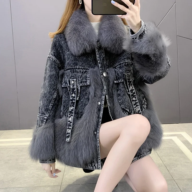 Fashion Denim Stitching Short Faux Fur Coat Women's 2022 Autumn And Winter New All-match Motorcycle Parka Cotton Jacket Trend