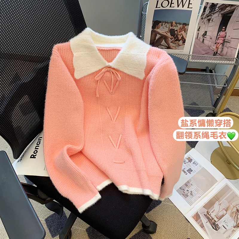 

2023 New Doll Collar Sweater Women Contrast Color Patchwork Pullover Long Sleeve Fashion Fake Two Women's Tops