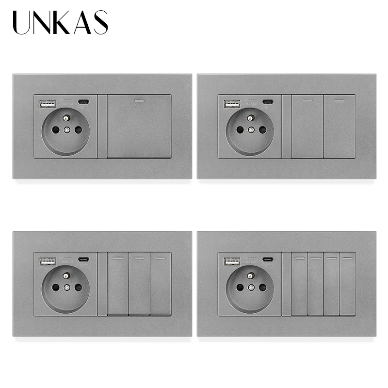 

UNKAS Gray Type C USB Port French Standard 16A Socket 1 2 3 4 Gang 1 / 2 Way On / Off Push Button Plastic Panel PC Outlet