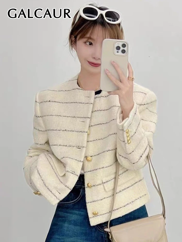 

GALCAUR Korean Fashion Jacket For Women Round Neck Long Sleeve Casual Straight Jackets Female Spring Clothing Style New 2022