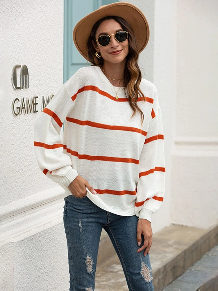 

2022 New Autumn Winter Knitted Sweater Women Thin O-neck Striped Pullovers Sweater Top Office Lady