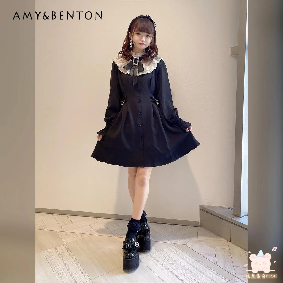 Spring and Summer Sweet Girl Long Sleeve Waist Dress Rojita Mine Mass-Produced Stand Collar Black Mid-length Dress for Women