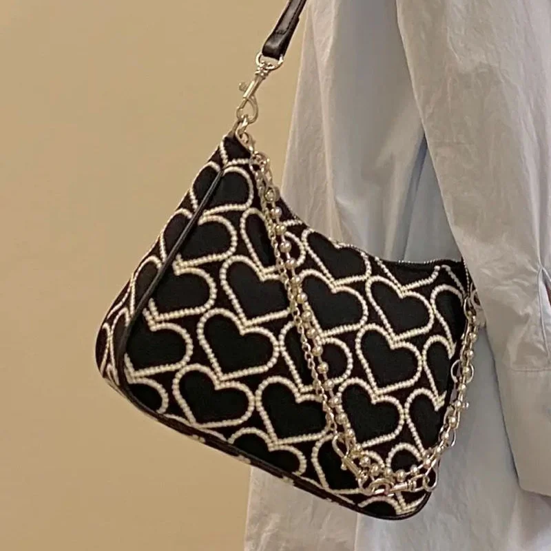 

Women Fashion Gothic Handbags 2022 Heart Shape Embroidered Girl Autumn Winter Shoulder Bag Female Lolita Tote Canvas Bag Luxury