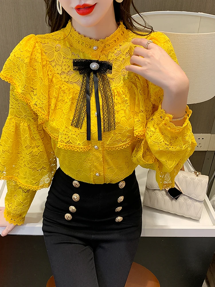 

With Neck Bow Lace Crochet Pearl Buttons Shirts Women Formal Tuxedo Dinner Blouse Office Business Work Streetwear Autumn Tops