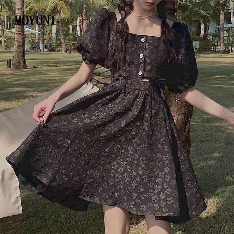 

Print France Vintage Elegant Dress Women Black Evening Party Dress Summer 2021 Cut Out High Street Korean Chic Clothing Bohemian