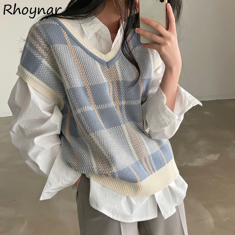 

Korean Style Vintage Plaid Sweater Vest Women Autumn Fashion All-match Loose Students New Design Sweet Chic Young Casual Cozy